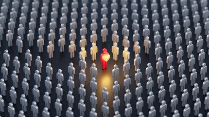Fototapeta premium Red figure holding a glowing heart shape surrounded by a crowd of grey people