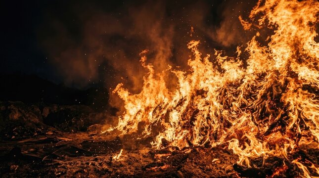 A massive bonfire rages intensely in the dark night. Flames leap high, consuming dry brush and wood.