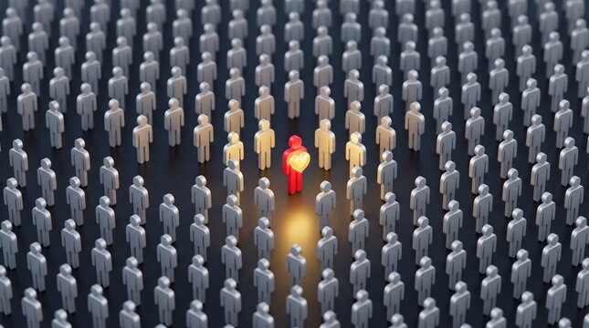Red figure holding a glowing heart shape surrounded by a crowd of grey people