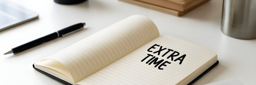 Clean office desk featuring an open planner displaying the impactful words EXTRA TIME clearly visible