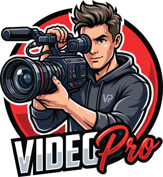 Videopro cameraman mascot vector illustration with professional equipment