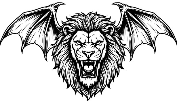 Black and white front facing roaring lion head with bat wings, open mouth and sharp fangs