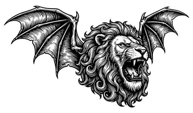 Black and white roaring lion head with bat wings, sharp teeth and detailed mane