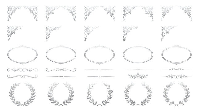 Set of vintage silver decorative frames, borders, corners, and laurel wreaths isolated on transparent background