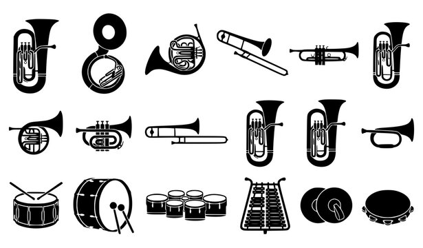 Black Musical Instrument Silhouette Vector Set with Tuba French Horn Trumpet Trombone Drums and Brass Instruments