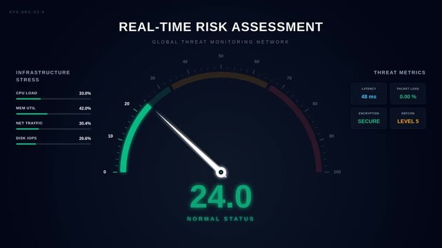 Real-time risk assessment dashboard interface for threat monitoring network statistics, for cybersecurity analytics, system performance tracking, digital security measures, critical alert