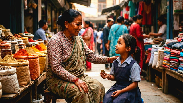 Mature Indian woman and young schoolgirl interacting at a traditional spice market in India