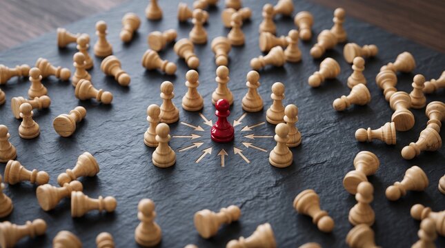 Red chess pawn surrounded by white pawns on dark stone board