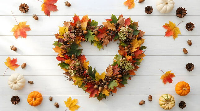 Heart shaped autumn wreath with colorful leaves and pumpkins on white wood