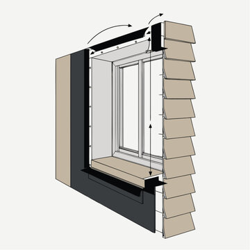 Window frame insulation diagram illustrates exterior wall sealing and siding details.