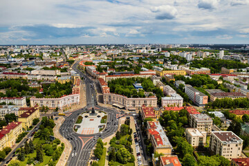 Fototapeta premium Top view of Victory square in Minsk.Bird's-eye view of the city of Minsk and victory square.Belarus.