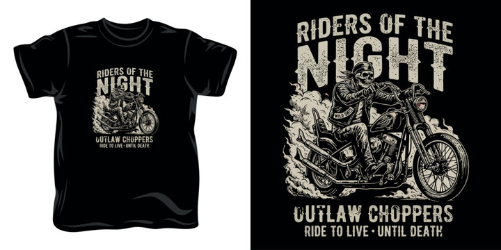 Black t-shirt with vintage skeleton biker on custom chopper with smoke, graphic design for motorcycle clubs or apparel. T-shirt