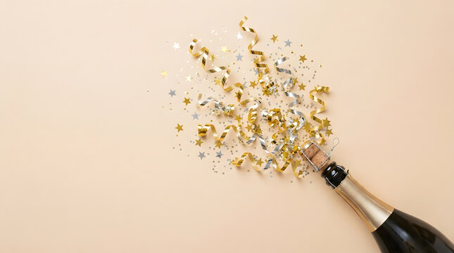 Champagne bottle popping with gold and silver confetti on beige background