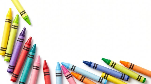Colorful crayons arranged in an arc on a white background border frame