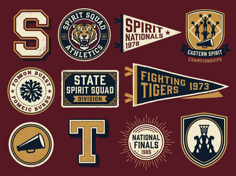 Vintage spirit squad and cheerleading emblem set featuring tiger mascot and nationals champion badges with classic athletic typography isolated on a dark maroon background vector illustration set