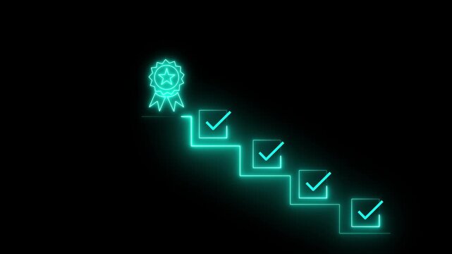 Achievement Pathway, digital checklist with glowing badge, symbolizing goal completion and success in a business setting, coach the way of setting goals, objectives and success concept animation.