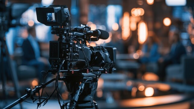 Professional video camera filming indoor interview with blurred background of seated people and studio lighting setup for broadcast