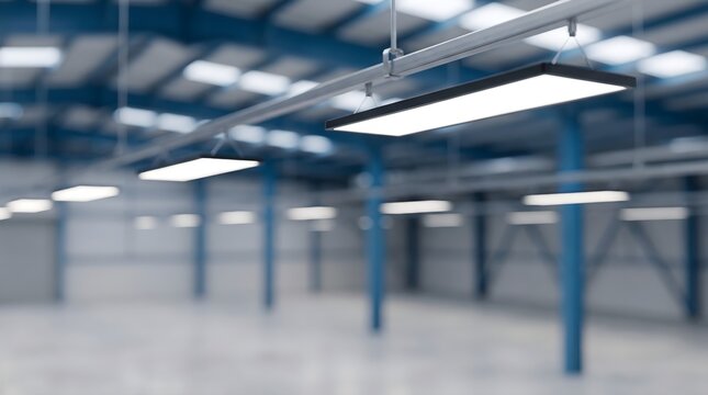Modern empty warehouse interior with bright LED lighting panels and blue structural pillars for logistics and distribution facility real estate concept