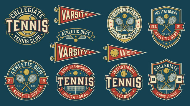 Collegiate tennis club badges vector set with varsity letters and pennants for university sports teams featuring rackets and tennis balls in a classic weathered design style for apparel branding