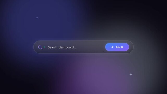 Futuristic search bar interface with an Ask AI button and glowing sparkles on a dark blurred background