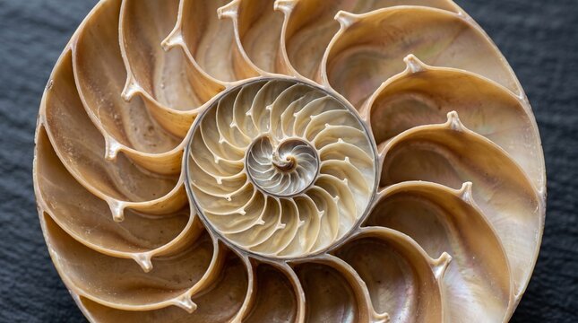 Cross section of a nautilus shell showing golden ratio spiral pattern on dark background