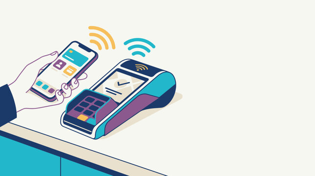 Person using mobile and card reader for contactless payment transaction.