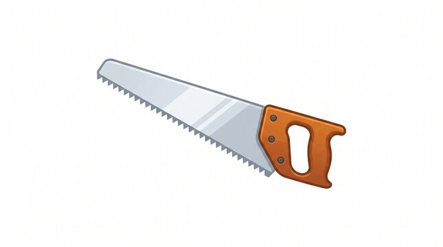 *Cartoon hand saw. Silver serrated blade, brown D-shaped wooden handle with 3 rivets, on white background.*