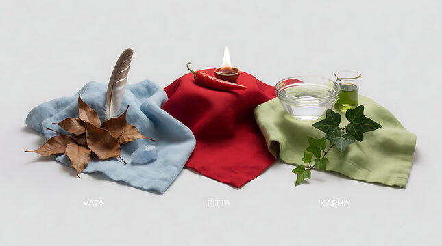 Three Ayurvedic doshas Vata Pitta Kapha concept with natural elements