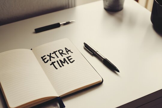 Elegant desk scene featuring open notebook displaying extra time message alongside a sophisticated pen