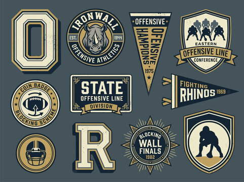 Vintage offensive line athletics badge set featuring rhino mascot and blocking wall theme isolated on dark blue background vector illustration for sports team branding and varsity patch design