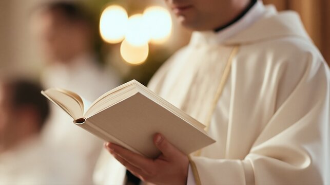 Bishop reading open book at church ceremony