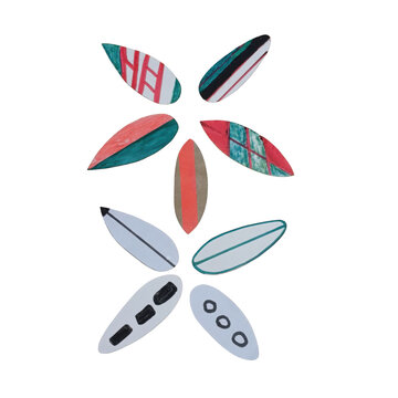 A collection of hand-painted wooden surfboard shapes arranged in a flower pattern with various colorful geometric patterns and stripes isolated on a transparent background