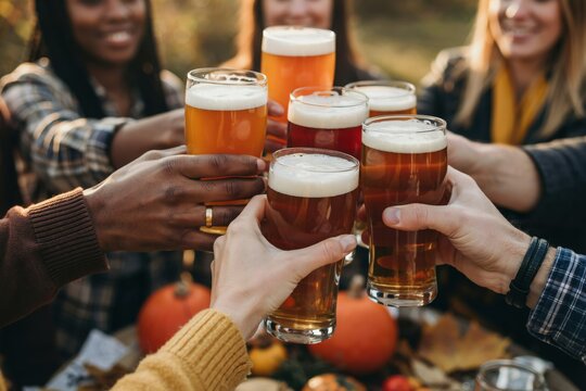 Friends toasting with glasses of beer outdoors during an autumn gathering