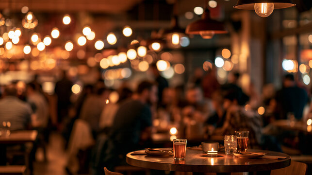 Warm ambient lighting illuminates a busy restaurant bar with blurred patrons and drinks. Perfect for hospitality and nightlife design backgrounds.