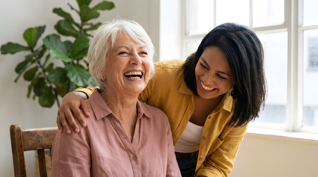 Young caregiver supporting and laughing with a happy senior woman