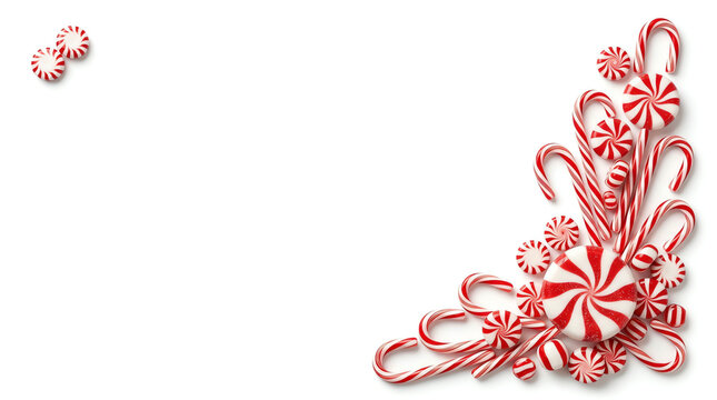 Festive christmas corner border made of candy canes and peppermint candies on a white background