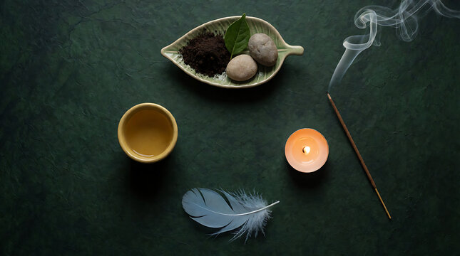 Five elements of Ayurveda earth water fire air ether symbolic flat lay composition