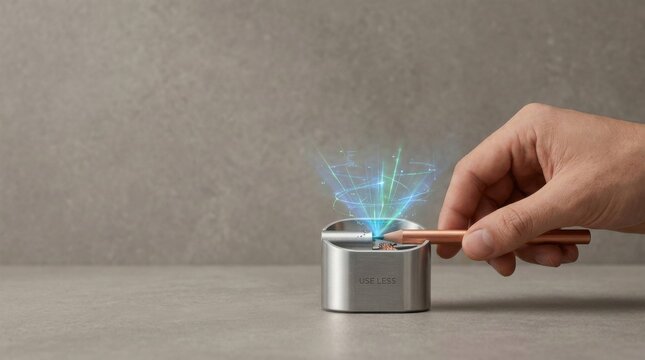 Person sharpening pencil efficiently using premium pencil sharpener to illustrate critical material efficiency