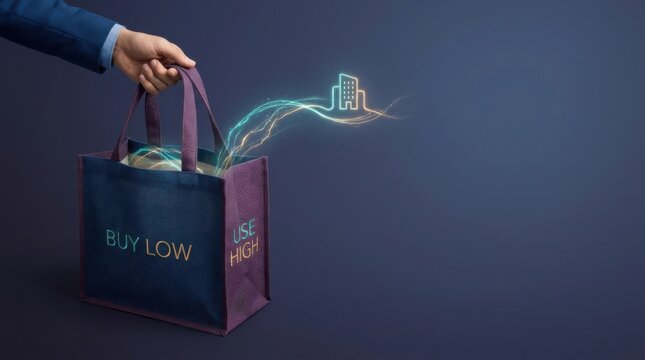 Person holding reversible shopping tote with light emitting from inside representing energy price arbitrage concept