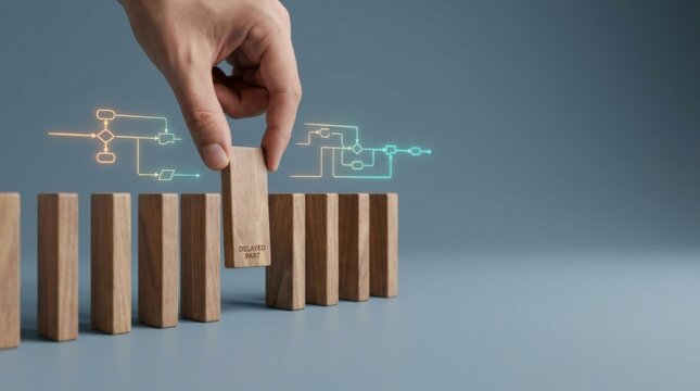 Person inserting missing wooden domino tile to visualize delays in energy project delivery and coordination issues