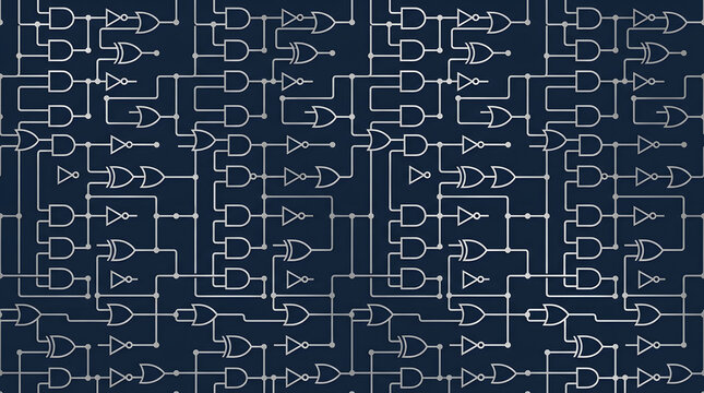 Digital Logic Circuitry Blueprint: An intricate blueprint displays a complex arrangement of digital logic gates, symbolizing the foundation of modern computing and electronics.