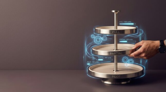 Person lifting adjustable cake stand to visualize energy project ramp up through increasing levels of implementation
