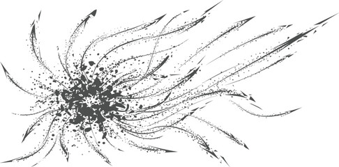 Fototapeta premium Abstract Explosion of Ink: A dynamic black and white abstract image depicts a chaotic yet beautiful explosion of ink, with delicate tendrils and particles scattering outwards from a central point.