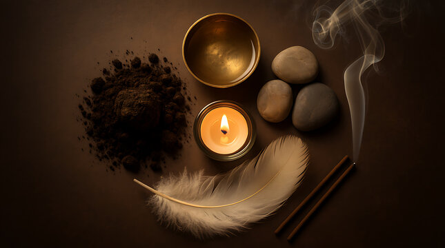 Five elements of Ayurveda earth water fire air ether symbolic flat lay composition