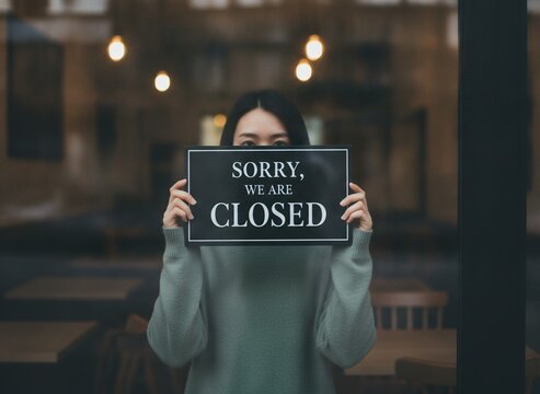 Young Asian business owner holding a Sorry We Are Closed sign in front of her face at a cafe or restaurant entrance, concept of business failure and economic hardship
