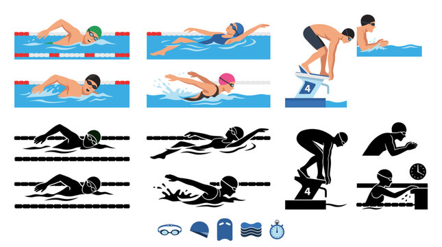 Professional vector collection featuring different styles of competitive swimmers and swimming action scenes, including freestyle, backstroke, breaststroke, butterfly, diving starts, and finishing