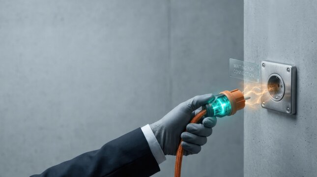 Hand stretching extension cord stopping short of business power socket to illustrate grid connection delay and issues