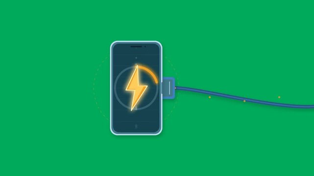 Smart phone device fast charging battery with glowing electric lightning bolt and connecting power plug cable on solid green screen background in 2D vector motion graphic loop