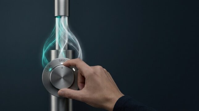Person holding metal object and rotating kitchen tap selector for local energy control and management options
