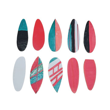 A collection of ten colorful surfboard shaped paper cutouts with various hand-drawn patterns and solid colors, isolated on white background isolated on a transparent background